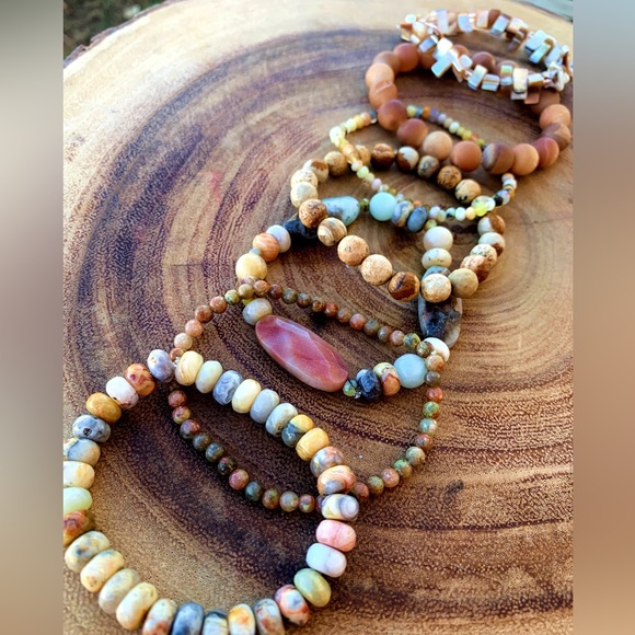 Natural Multicolored Agate, Amazonite & Unakite Gemstone Mix Bead Bracelet Stack - Picture 10 of 10
